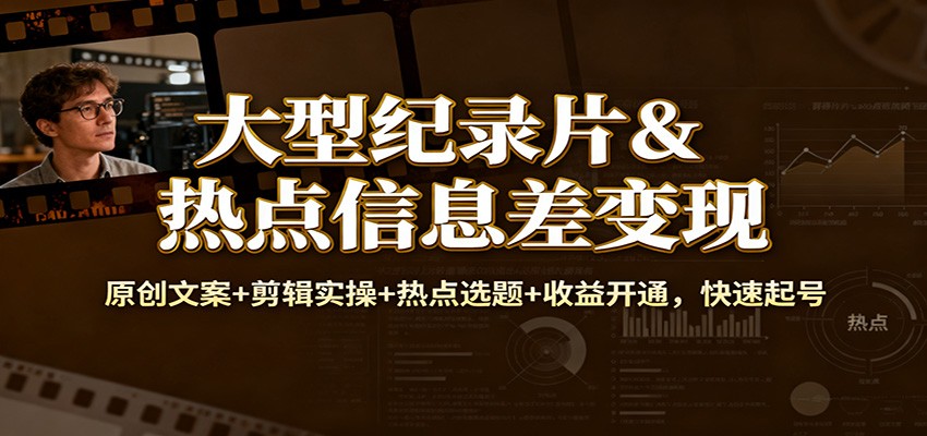 大型纪录片&热点信息差变现：原创文案+剪辑实操+热点选题+收益开通，快速起号-喜学网