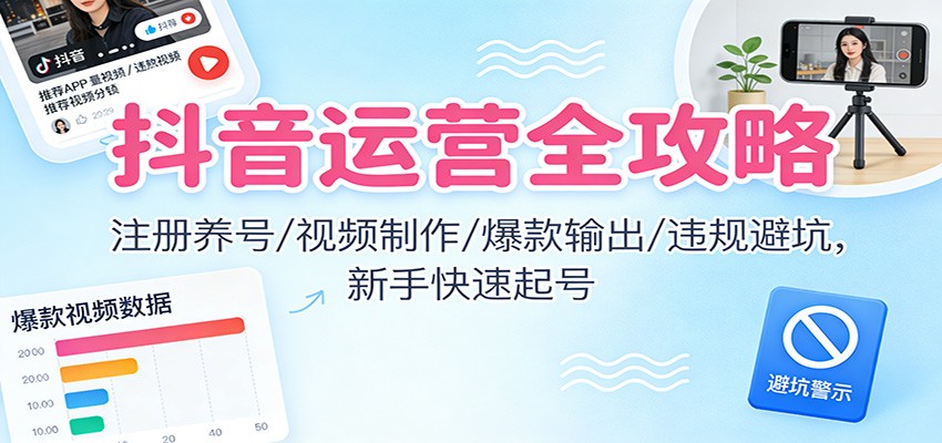 抖音运营全攻略：注册养号/视频制作/爆款输出/违规避坑，新手快速起号-喜学网