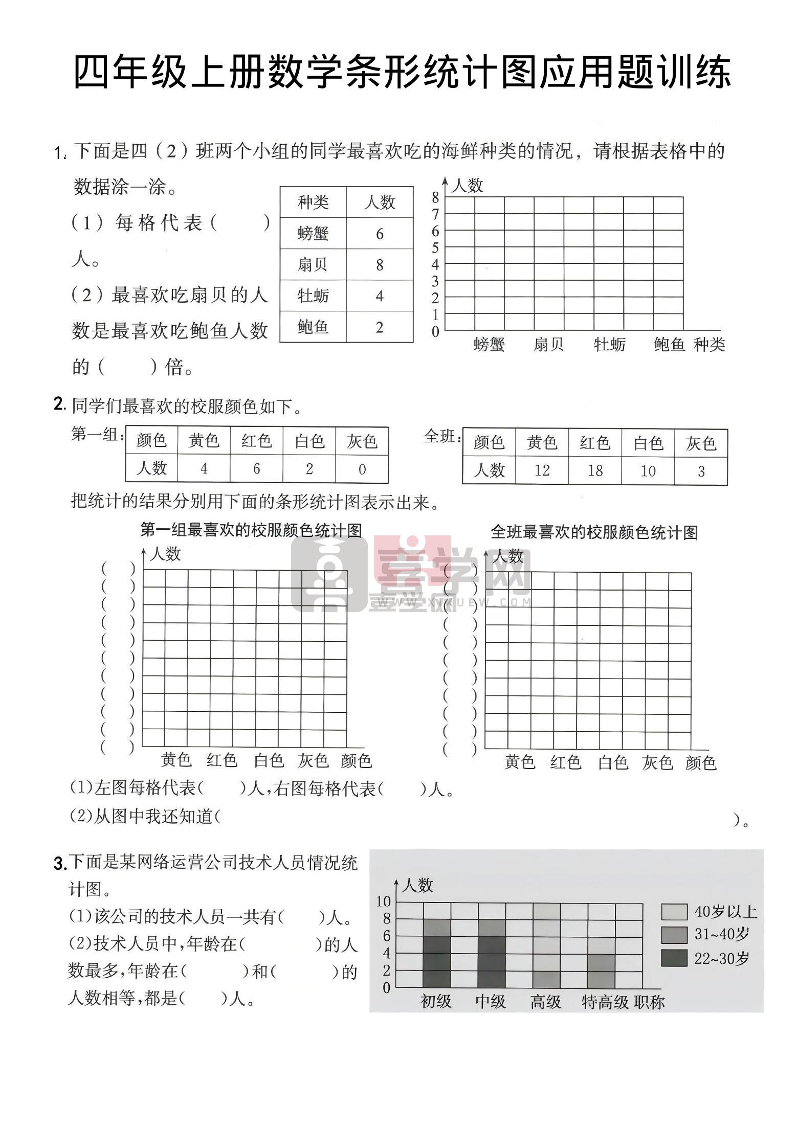 四年级上数学条形统计图应用题训练-喜学网