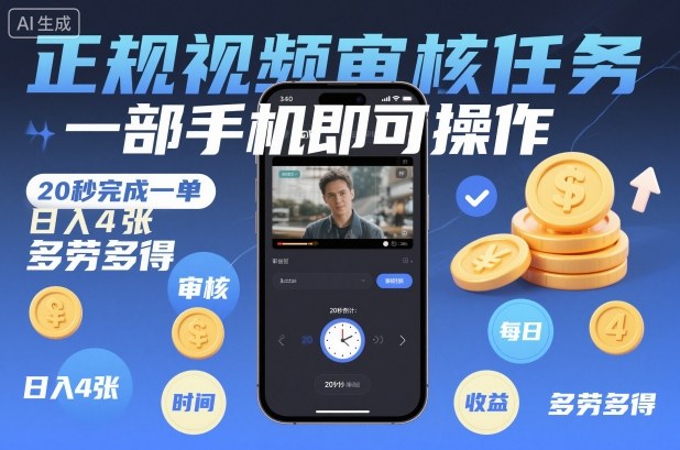 正规视频审核任务，一部手机即可操作，20秒完成一单，日入4张，多劳多得【揭秘】-喜学网